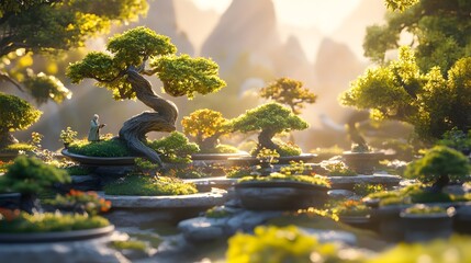 Meticulously Pruned Miniature Bonsai Garden with Elderly Gardener Tending Serene Atmosphere