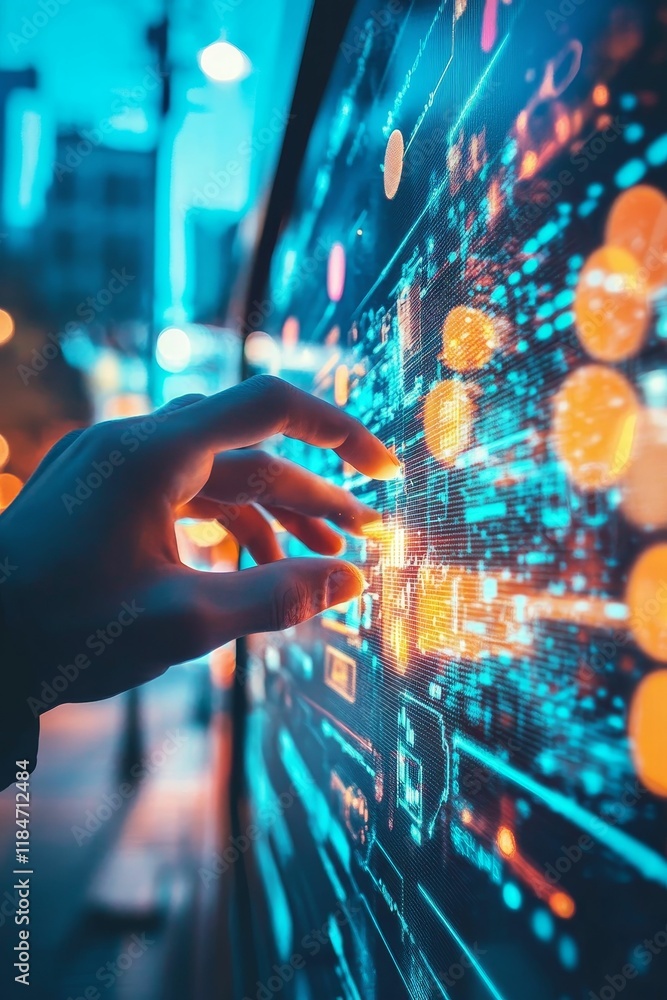 Poster hand interacts with glowing digital data display.