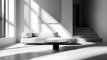 Sleek Minimalist Living Space with Dramatic Lighting and Architectural Elegance