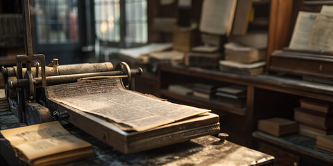Vintage Printing Press in Historic Library Featuring Antique Books and Manuscripts