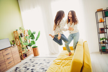 Joyful moment of mother and daughter playing together on the couch in their bright living room filled with natural light