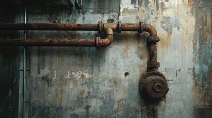 A grungy industrial setting featuring rusted pipes and a raw concrete wall, evoking a modern, edgy atmosphere.