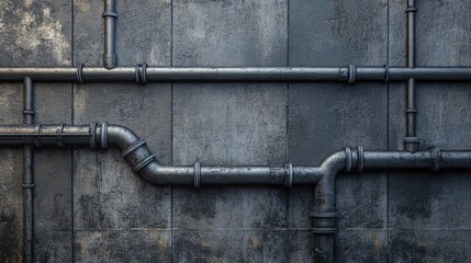 A grungy industrial wall of dark, weathered concrete, interlaced with metal pipes for a generative modern background.