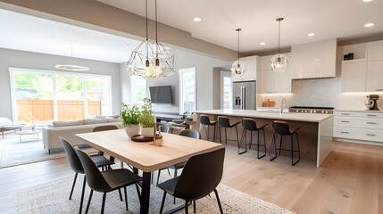 Fototapeta premium Minimalist Open Concept Kitchen and Dining Area with Scandinavian Modernist Design