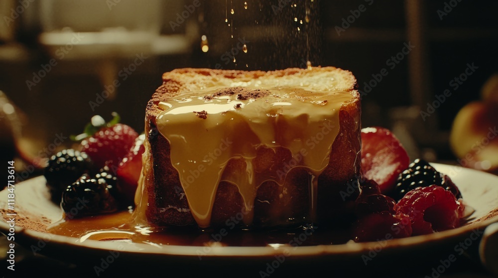 Poster A close-up view of a slice of honey toast on a plate, oozing with melted butter and syrup, surrounded by fresh fruit and a sprinkle of cinnamon.