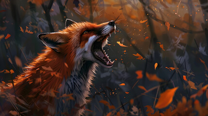 A mad, angry red fox opened its mouth and is ready to attack. Concept of danger from wild animals. Close-up profile portrait