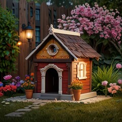 An adorable intricately crafted vintage wooden dog house.