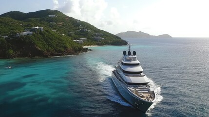 Fototapeta premium A high drone view of a luxurious yacht moving gracefully through crystal waters, framed by the lush greenery of the Caribbean.