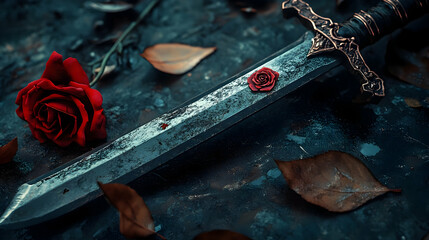 A large knife with a rose emblem, suitable for use as a prop in fantasy or medieval themed images