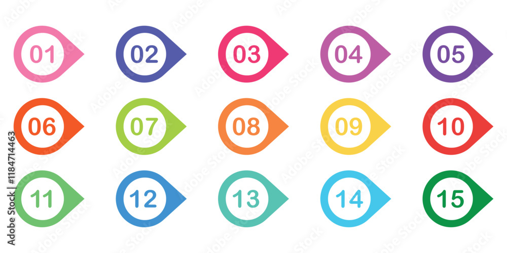 Fototapete Modern colorful numbers button set. Numbers counting violet vector button icon design set. Markers with number 1 to 15 pointer with numbers isolated on white background. Vector illustration. EPS 10