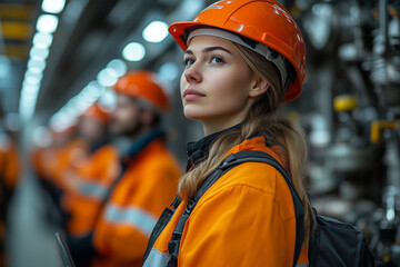 Factory workers gathered around a monitor during a technical briefing, bright lighting, contrast