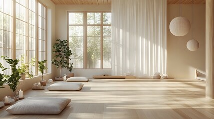 Fototapeta premium Serene Scandinavian Inspired Yoga Studio with Natural Lighting and Minimalist Design