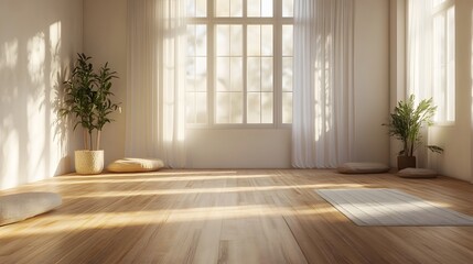 Fototapeta premium Bright and Airy Scandinavian Inspired Yoga Studio with Natural Lighting and Smooth Wood Floors