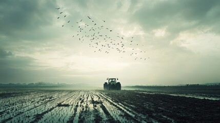 Tranquil Scene of Plowing in a Paddy Field
