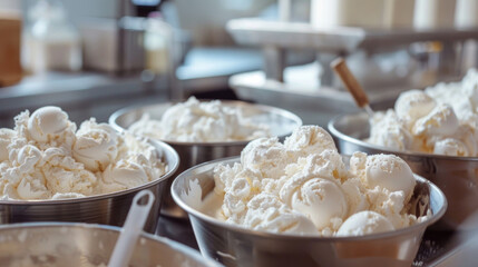 Fototapeta premium Artisanal Ice Cream Scoops in Stainless Steel Bowls on a Kitchen Countertop