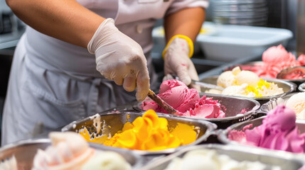 Chef Preparing Colorful Artisan Gelato in a Professional Kitchen with Fresh Ingredients and Vibrant Flavors