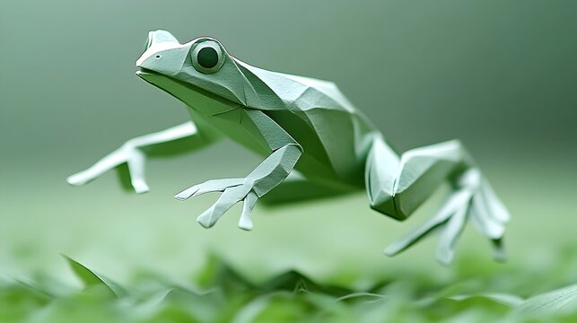 Origami inspired Papier mch Frog Leaping Over a Miniature Pond