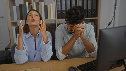 Woman frustrated and man stressed working together in office at desk with computer and bookshelves...