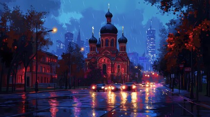 Obraz premium Orthodox church nestled in a tranquil setting, showcasing classic architectural beauty, creating a serene background, artistic illustration feel