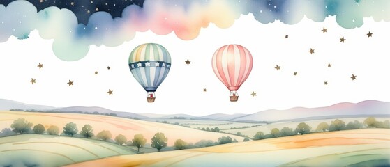 Obraz premium Pastel-toned watercolor artwork of a hot air balloon over a peaceful rural landscape