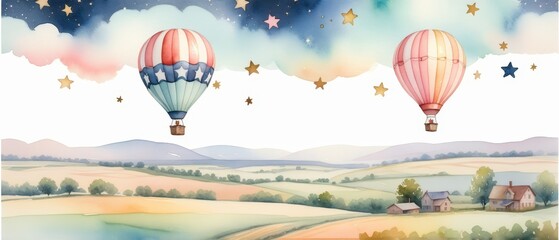 Obraz premium Watercolor painting of a hot air balloon with stars and stripes over a dreamy countryside