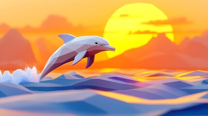 Paper Dolphin Leaping from Glassy Ocean at Vibrant Sunset