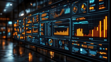 Futuristic data visualization on large screen.