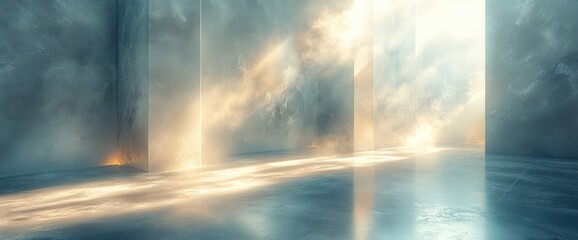 Light beams in a futuristic, smoky, empty room with reflective floor.