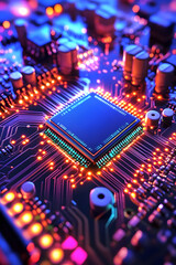 Obraz premium Futuristic Chip on Glowing Neon Motherboard Surrounded by Circuit Wires