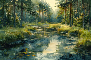 small river with forest, trees along the banks, summer landscape, watercolor,.    Generative AI