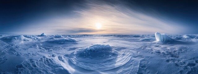 A rare view of a frozen tundra with unique ice formations and a vivid solar corona casting ethereal light patterns over the icy expanse, Frozen tundra scene, Astronomical style