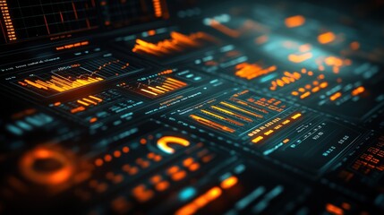 Futuristic digital dashboard with glowing charts and graphs.