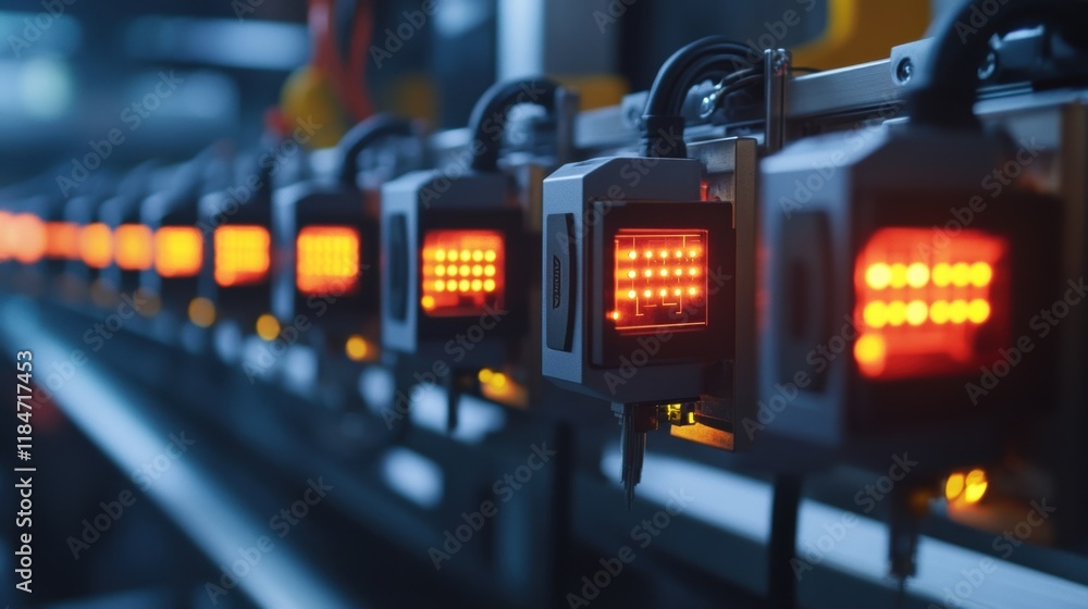 Poster glowing red lights from multiple sensors meticulously monitoring production on an automated assembly