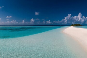 A serene turquoise sea gently meets a sandy shore, stretching toward a horizon under a brilliant blue sky, adorned with soft white clouds and warm afternoon sunlight