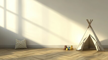 A minimalist children room features a small tent, a decorative pillow, and toys on a parquet floor with a blank white wall behind.