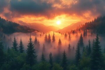 Fototapeta premium mystical mountain landscape at dawn with dense rolling fog through ancient pine forest ethereal sunlight creating dramatic atmospheric scene