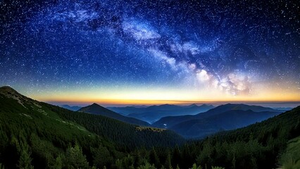 Fototapeta premium Starry Night Sky Over Mountain Landscape with Lush Green Forest