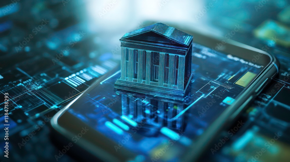 Poster Mobile banking concept; miniature bank building on smartphone screen displaying digital data.