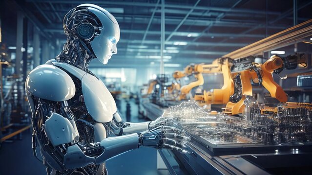 A futuristic industrial environment featuring humanoid robots and automated machines, emphasizing advances in AI technology and the integration of AI robotics into manufacturing and automated processe