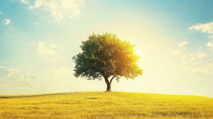 Obraz premium Lone Acacia Tree in Golden Grasslands Under Blue Sky