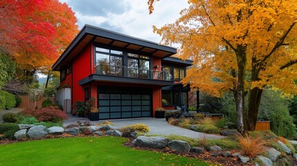 Modern red and black house surrounded by vibrant autumn foliage. Contemporary architectural design in a natural setting.
