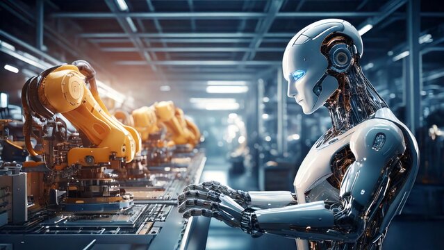 A futuristic industrial environment featuring humanoid robots and automated machines, emphasizing advances in AI technology and the integration of AI robotics into manufacturing and automated processe