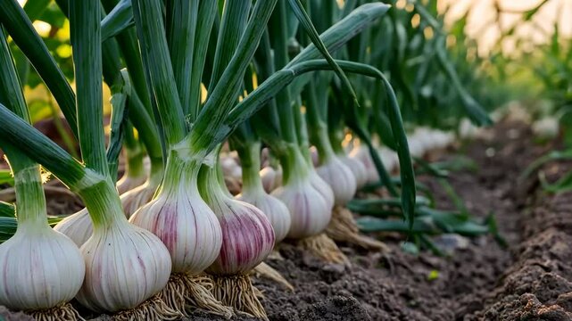 Garlic plants row growing in the dirt on agricultural field background. Garlic plantation. Vegetable garden. Fresh garlic bulbs, green leaves grow in soil. Sunset light. Organic vegetables farming
