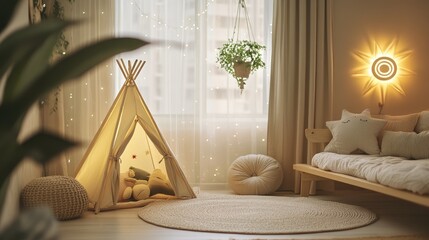 A pastel-themed children room with soft, natural light highlighting the play tent and simple wooden furniture.