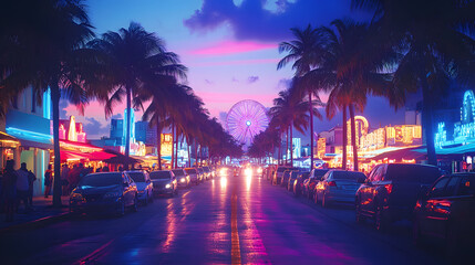 Naklejka premium A carnival setup on Miami Beach, with colorful lights and a Ferris wheel as the background, during a festive summer evening