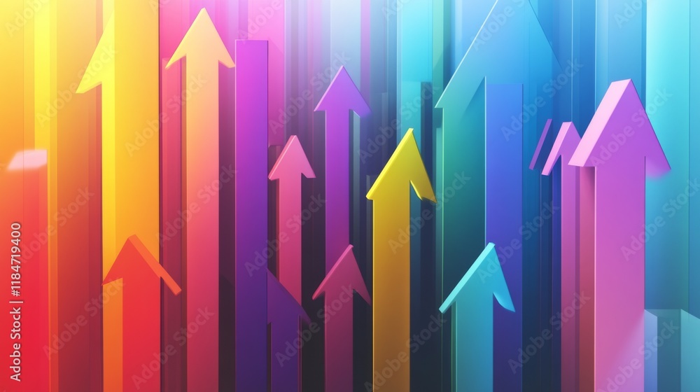 Poster a creative d bar graph design featuring bars shaped like arrows, pointing upward against a gradient 