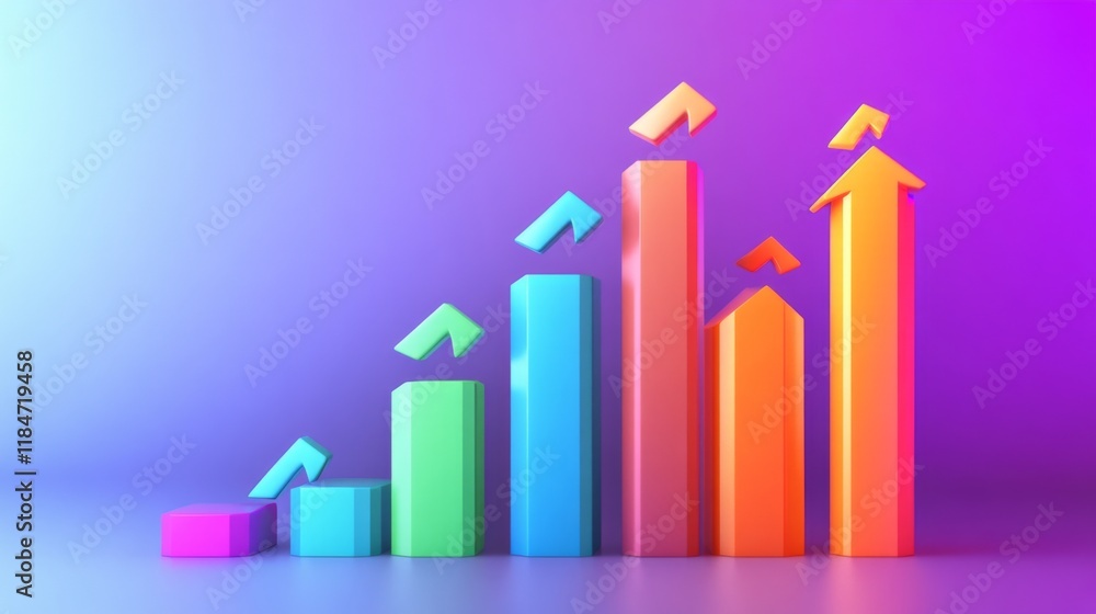 Poster a creative d bar graph design featuring bars shaped like arrows, pointing upward against a gradient 