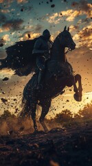 Fototapeta premium Medieval knight riding horse during sunset with dramatic sky