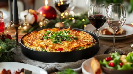 Festive Christmas dinner table with baked casserole, wine glasses, and decorations.