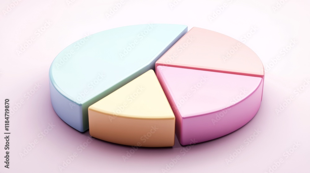 Poster a creative d pie chart in pastel colors, each segment slightly tilted for emphasis, set against a so